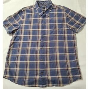 Toad & Co Airscape Plaid SS Shirt Mens Size XL Blue Brown Organic Cotton Summer